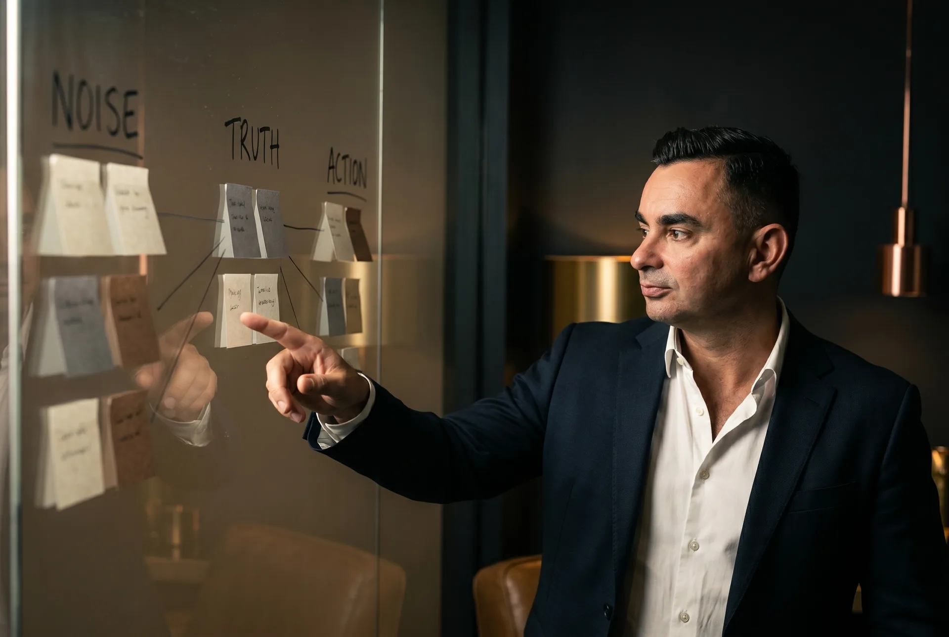 Will Turner mapping complexity on a glass wall — Noise, Truth, Action