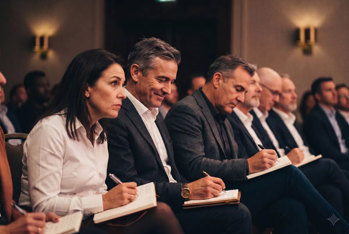 Conference audience leaning forward, experiencing the penny drop moment